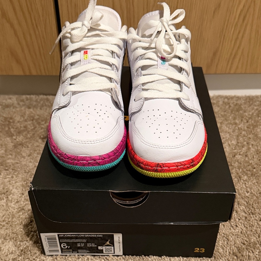 Jordan White Low-Top Sneakers with Black Swoosh and Multicolor Cracked Sole